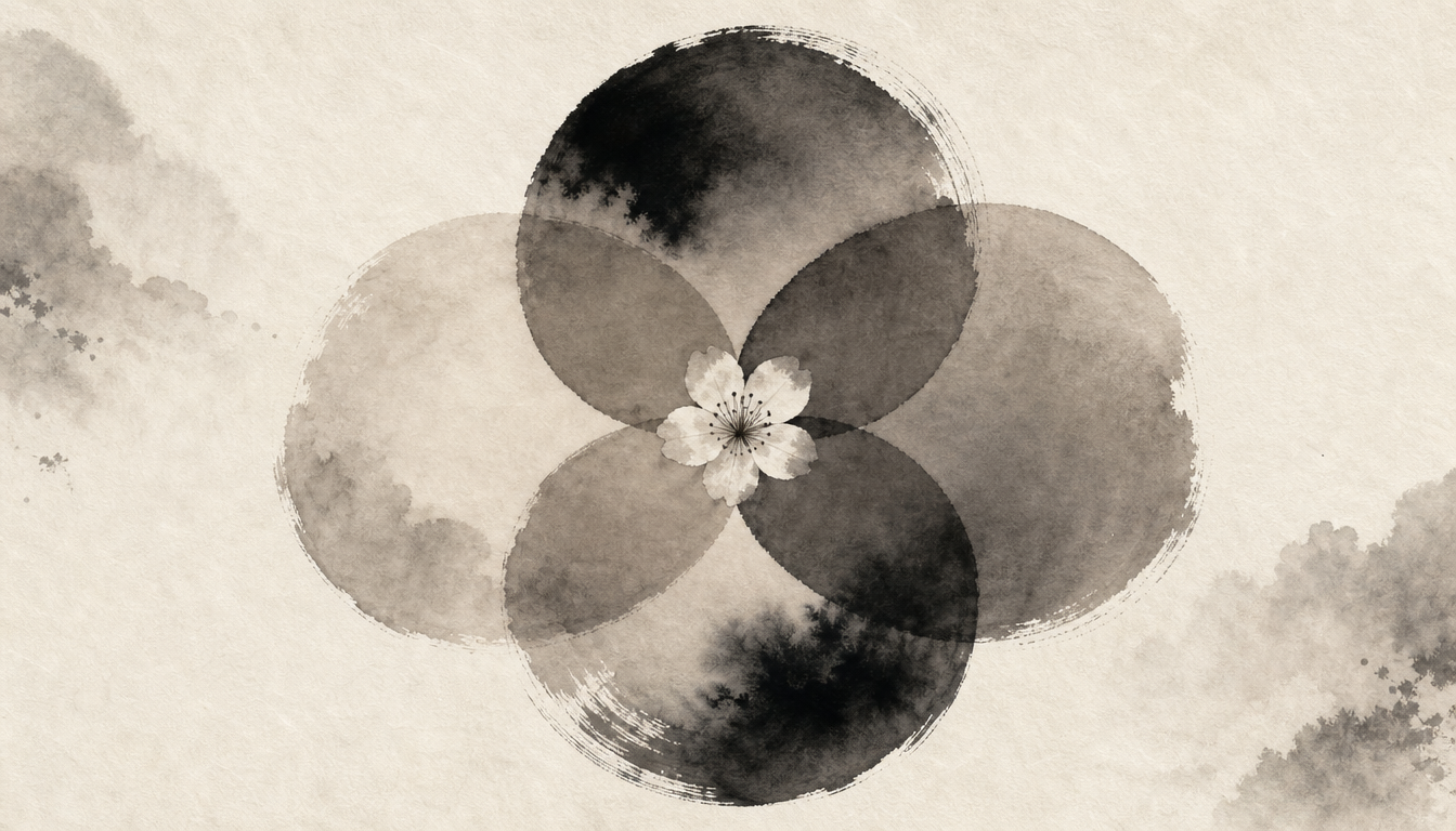 Overlapping ink circles and plum blossom representing the four-circle ikigai meaning model