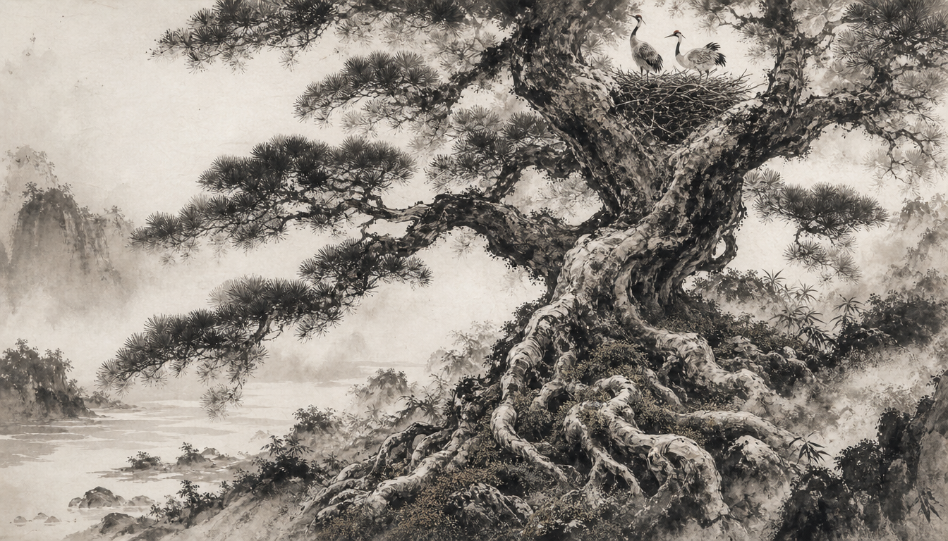 Ancient pine and cranes in sumi-e evoking the longevity research behind ikigai meaning