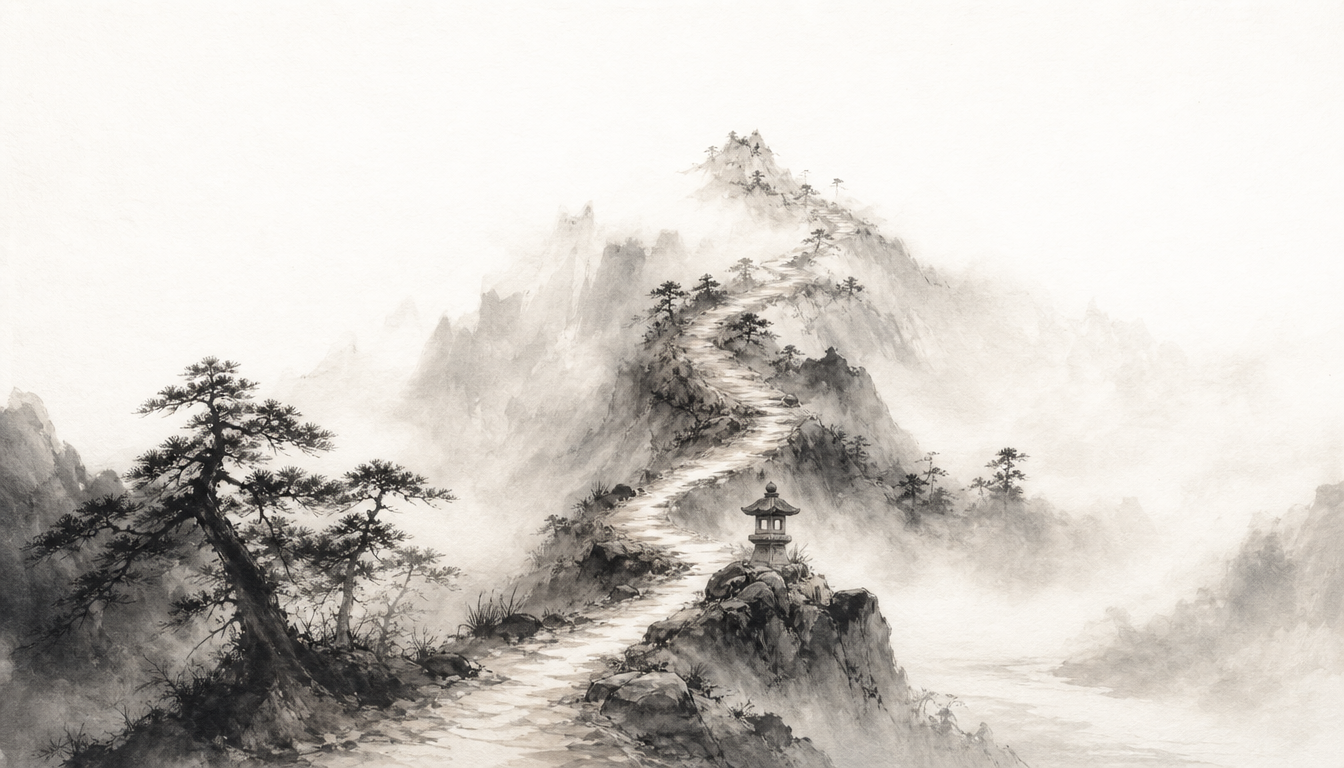 Misty mountain path in sumi-e style illustrating next steps in exploring ikigai meaning