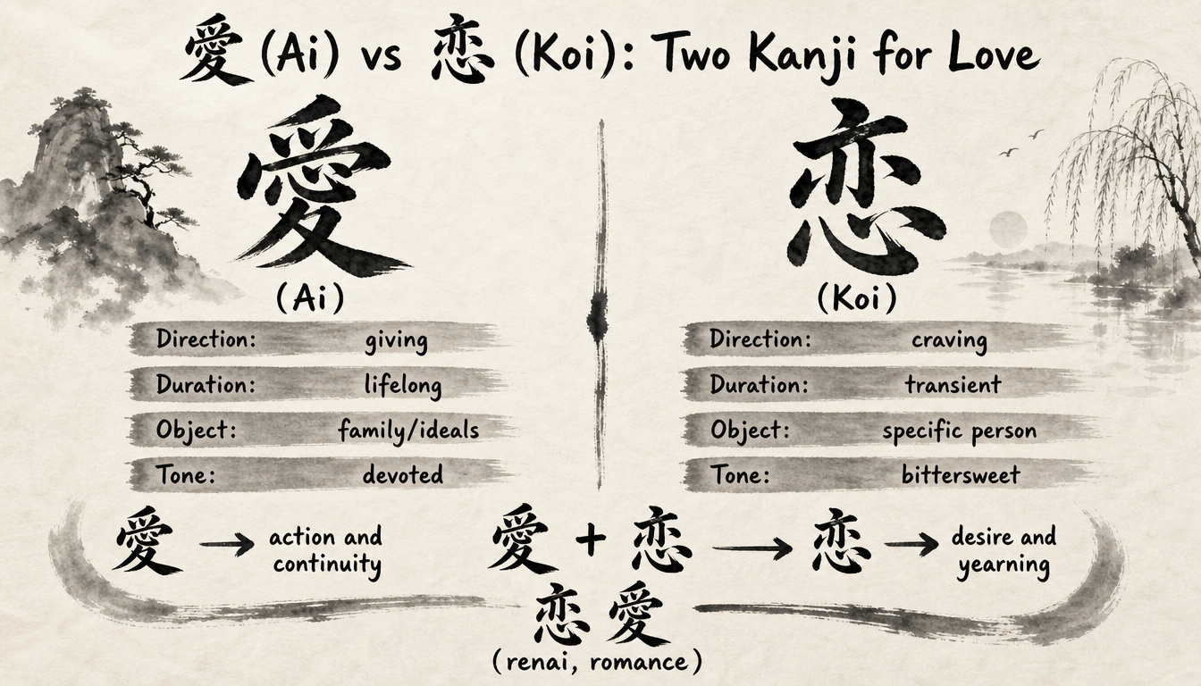 Comparison diagram of kanji ai love kanji ai meaning versus koi