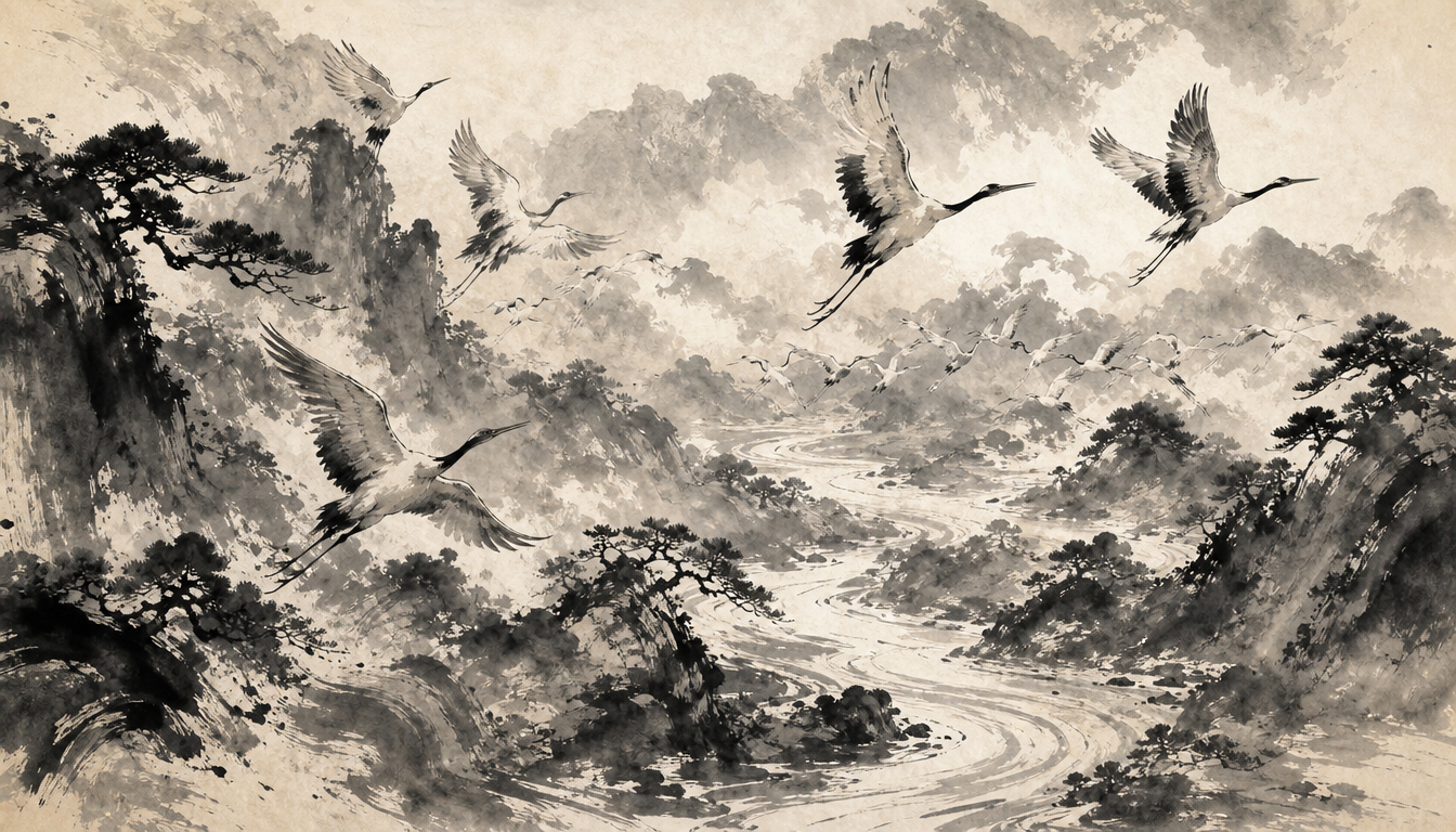 Sumi-e cranes flying showing readings of kanji ai love kanji