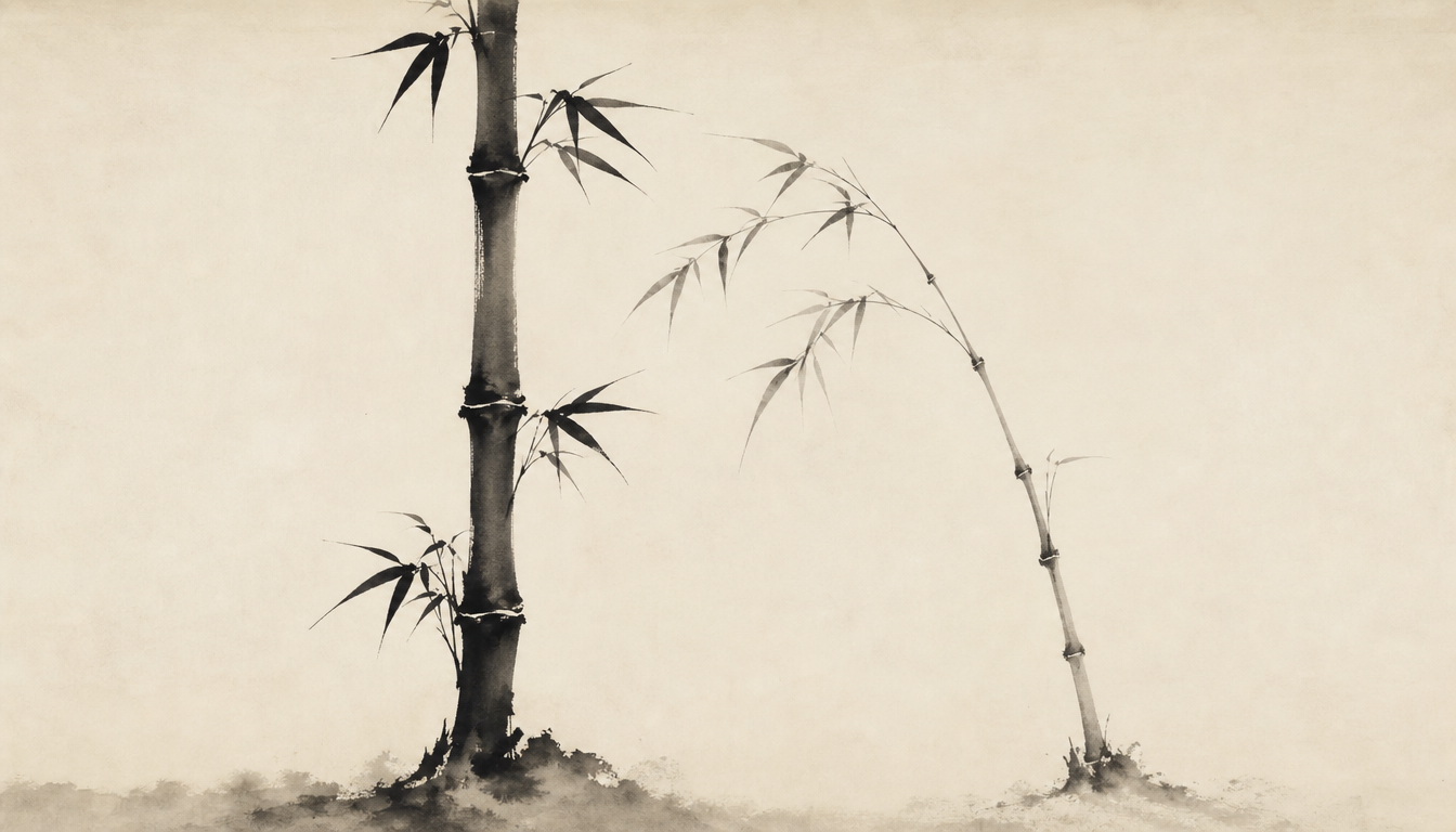 Sumi-e bamboo pair representing love kanji ai meaning versus koi
