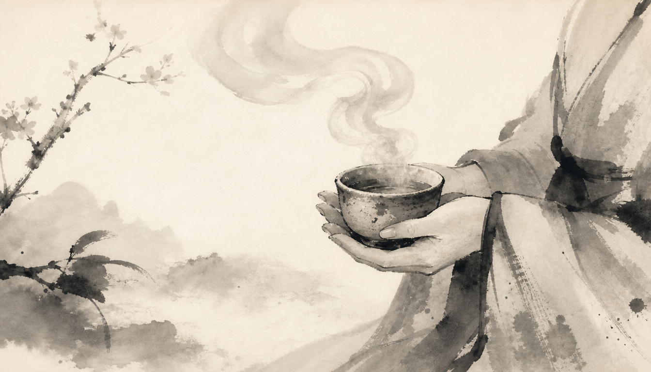 Sumi-e teacup representing everyday use of kanji ai love kanji