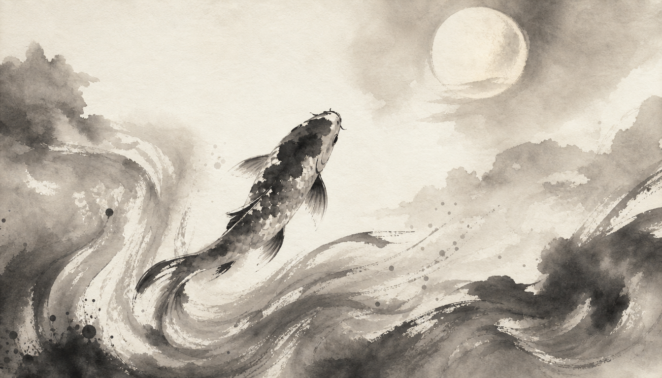 Sumi-e koi rising symbolizing soul journey with kanji ai love kanji